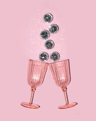 Glasses and shiny disco balls on pastel light pink background. Minimalistic party concept. Creative birthday composition.