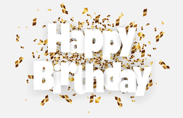 Happy birthday paper sign over confetti. Vector holiday illustration.