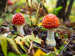 Red toadstool growing in forest