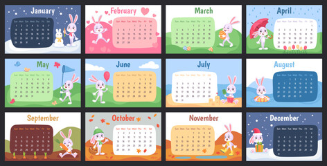 Rabbit wall calendar. Chinese 2023 year bunny monthly planner design for family, kid gift poster with month birthday funny cartoon cute animal, ingenious cards vector illustration - obrazy, fototapety, plakaty