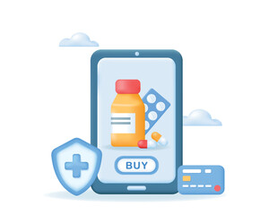 3d online Pharmacy concept. Sale, discounts, buying medication. Smartphone with pills on screen. Realistic vector illustration isolated on white background.