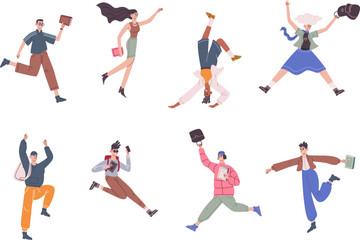 Fototapeta na wymiar Students jumping poses. Jump diverse cartoon people, happy laughing friends freedom pose, energetic teen office employee active teenagers with backpack, recent vector illustration