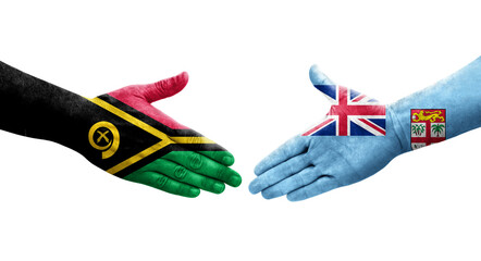 Handshake between Fiji and Vanuatu flags painted on hands, isolated transparent image.