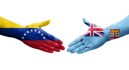 Handshake between Fiji and Venezuela flags painted on hands, isolated transparent image.