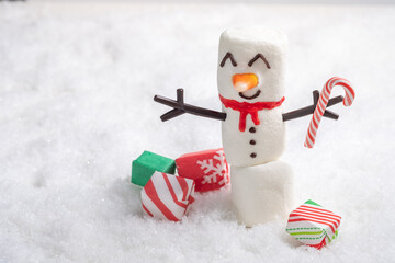 Happy funny marshmallow snowman are having fun in snow. Merry Christmas card. Christmas concept