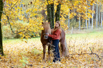 Young woman under yellow maple tree with Icelandic horse