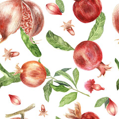 Seamless pattern with pomegranate fruit watercolour painted. Pomegranate fruit isolated on white with buds, flowers and green leaves. Repeating background Branch with leaves of pomegranate.