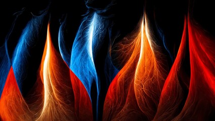 abstract illustration of red and blue flames glowing in the dark
