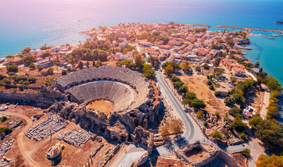 Aerial top view ancient Side city Antalya Turkey drone photo