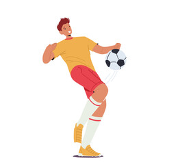 Young Football Player Hit Ball with Knee. Sportsman Character in Team Uniform Training, Playing at Soccer Competition