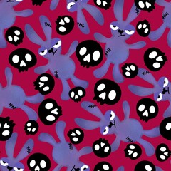 Halloween cartoon evil rabbit seamless toys doodle pattern for wrapping paper and fabrics and linens