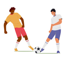 Couple Of Young Men In Sports Uniform Practicing Football Game. Soccer Players Kicking Ball, Competition, School League