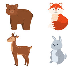 Set Of Forest Animals Bear, Fox, Deer And Rabbit Isolated On White Background. Cute Funny Woodland Creatures For Kids