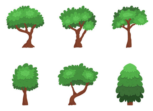 Set Of Cartoon Trees Isolated On White Background. Forest And Garden Green Plants, Coniferous And Deciduous Objects