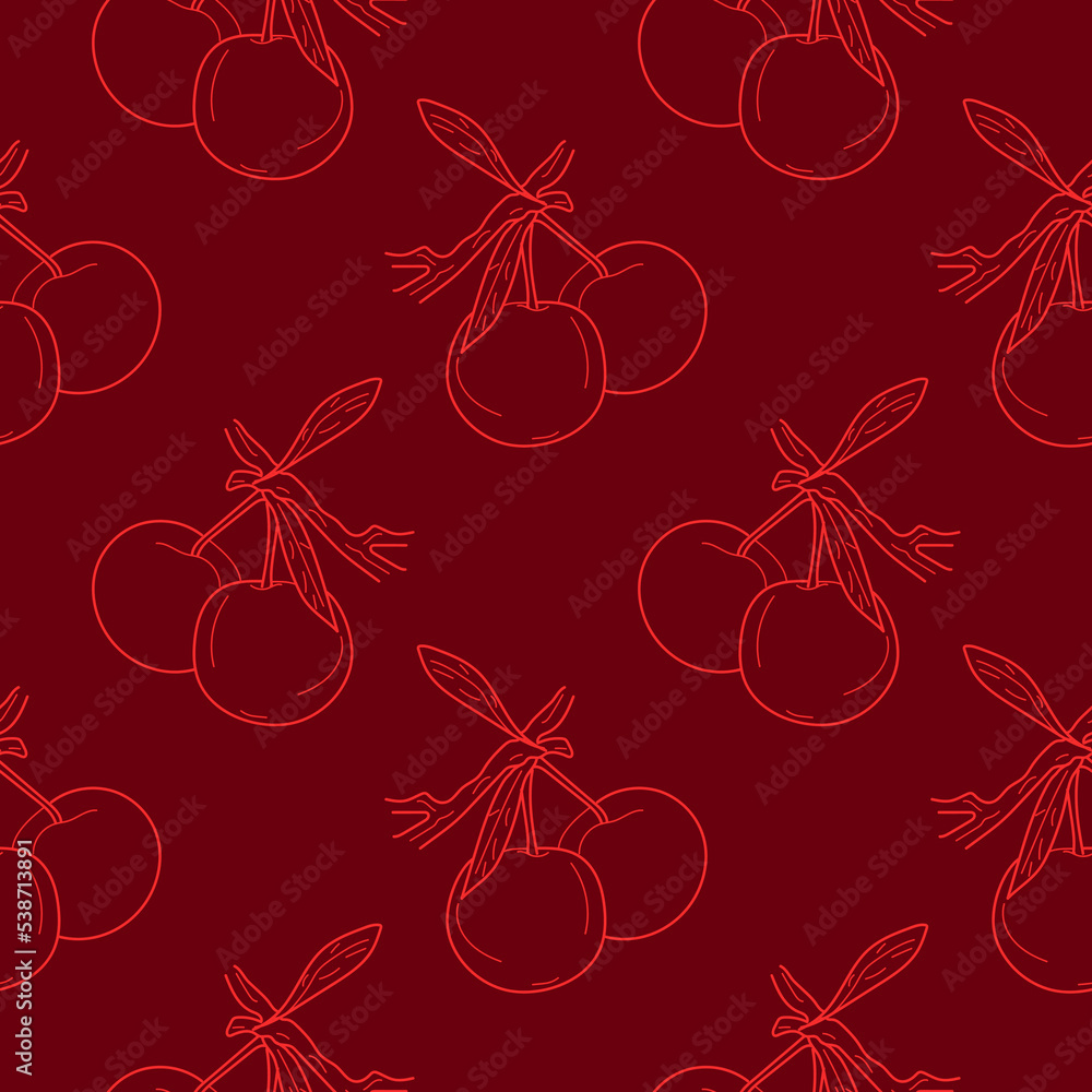 Wall mural Seamless pattern Cherry in linear style on red background. Hand drawn Cherry fruit seamless pattern. Vector illustration