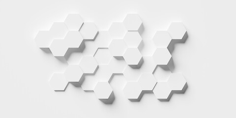 Modern minimal white random offset shifted honeycomb hexagon geometrical pattern island on white background flat lay top view from above
