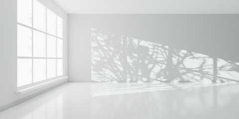Empty white interior room with sun shining thru large window, tree shadow and reflective floor, modern architecture template background