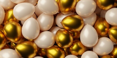 Background heap of gold and white inflated balloons, celebration or birthday background template