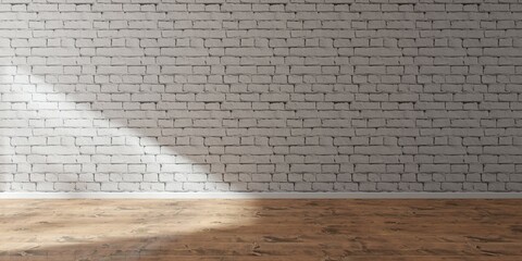 Empty room interior with white brick wall, brown wood floor and window shadow, architecture or building background template