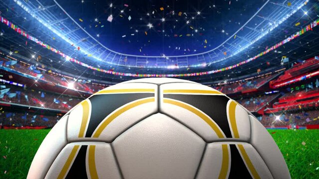 Football Stadium. Confetti is being thrown from above. The stadium is full of spectators who are waiting with excitement. The ball moves forward like a star player on the football field. Seamless Loop
