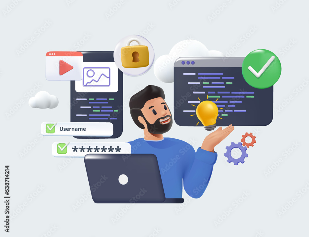 Leinwandbilder Cartoon 3D character developer, designer working on laptop. Web app development, deploy frontend, backend. Project team