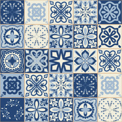 Azulejo blue portuguese style ceramic tiles, vintage symmetrical pattern for wall decoration, vector illustration for design