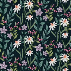 Seamless floral pattern, beautiful ditsy print with vintage flower garden. Romantic floral design with hand drawn wild flowers, herbs, leaves on a dark background. Vector botanical illustration.