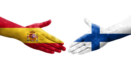 Handshake between Finland and Spain flags painted on hands, isolated transparent image.