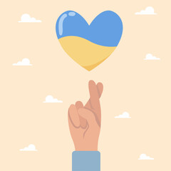Support Ukraine, the hand shows a heart in the colors of the Ukrainian flag. Donation and volunteering concept. Vector illustration in flat cartoon style.