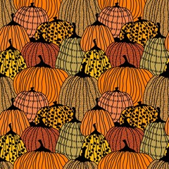 Autumn harvest Halloween seamless pumpkins line art pattern for wrapping paper and fabrics and packaging
