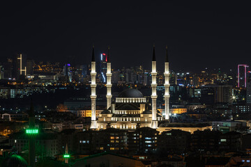 Fototapeta na wymiar Kocatepe Mosque.View of Ankara silhouette from 50 year anniversary park in the evening. Ankara, Turkey.