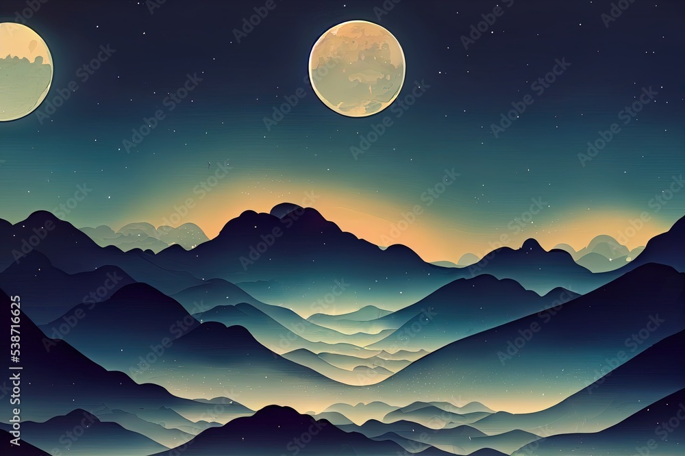 Wall mural Illustration of night forest alight with bright moon in clouds