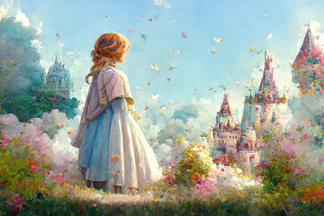 Fairy Tale castle and Beautiful princess. AI created a digital art illustration - obrazy, fototapety, plakaty