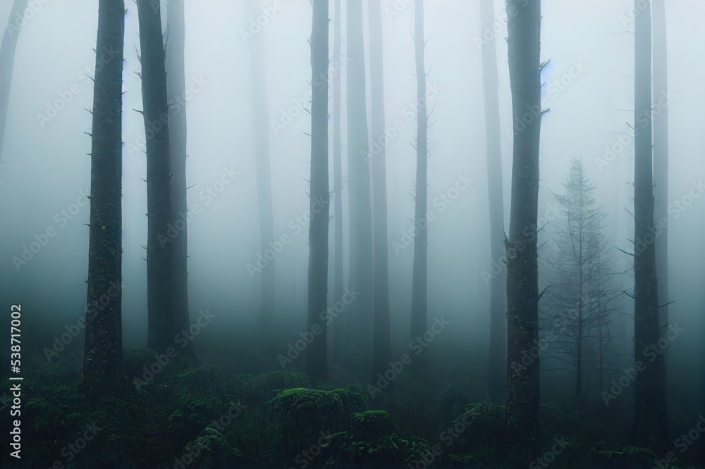 Wall mural Mystic moody forest view with heavy fog and dark mysterious vibes. Foggy and misty nature scenery of a pine forest. Harz National Park in Germany