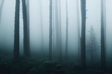 Mystic moody forest view with heavy fog and dark mysterious vibes. Foggy and misty nature scenery of a pine forest. Harz National Park in Germany