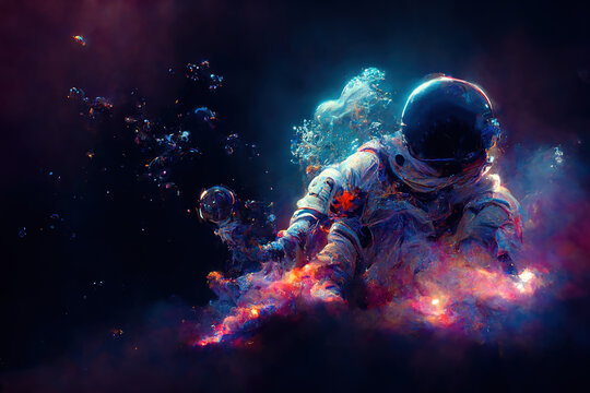 Astronaut floating in space. Colorful galaxy. Astronaut in outer space. AI created a digital art illustration