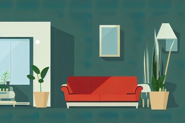 Living room interior. Comfortable sofa, TV, window, chair and house plants. 2d illustration flat illustration