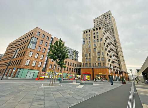 Vienna Austria Aug.16 2020, The HoHo wooden apartment tower at the new district Seestadt Aspern with beautiful eco-friendly buildings