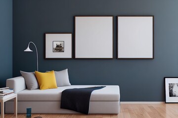 mock up poster frame in modern interior background, living room, Scandinavian style, 3D render, 3D illustration