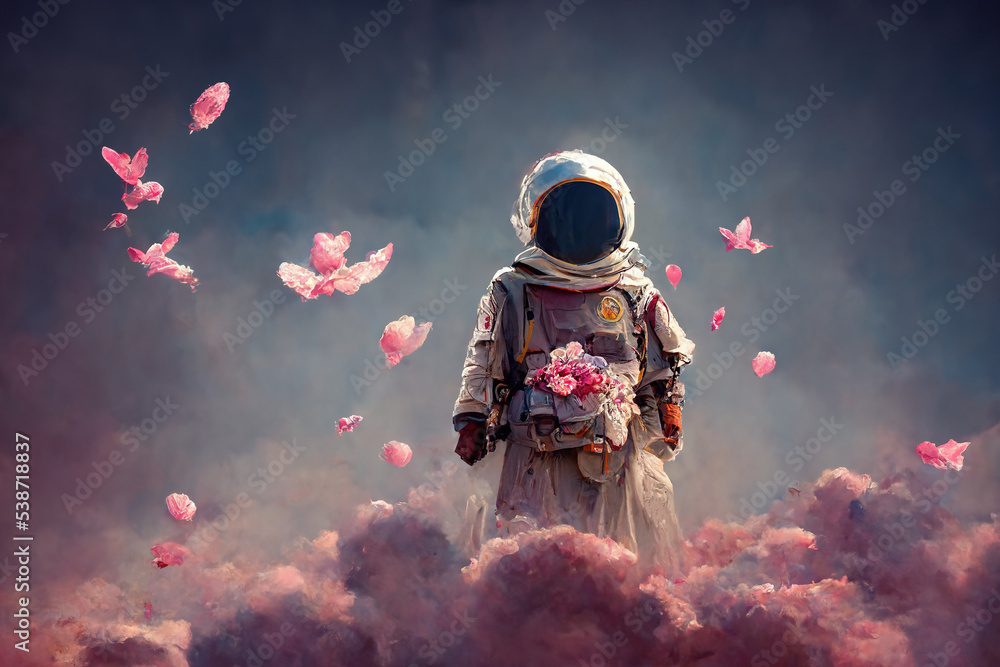 Wall mural beautiful painting of an astronaut in in a field of flowers on a different planet. ai generated digi
