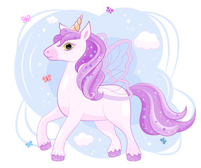 Cute little unicorn. Fantastic character from fairy tale with magical butterfly wings. White pony with purple mane. Design element for printing on children clothing. Cartoon flat vector illustration