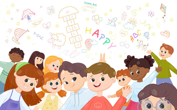 Group of happy cute kids. Funny little boys and girls preschoolers look at camera, show gestures and make phono on background of drawings. Children friends. Cartoon modern flat vector illustration