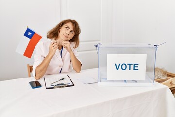 Beautiful caucasian woman at political campaign election holding chile flag serious face thinking...