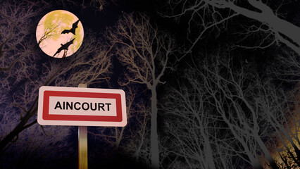 Thème Halloween panneau de la ville de Aincourt. Entrée dans la municipalité. Illustration avec...