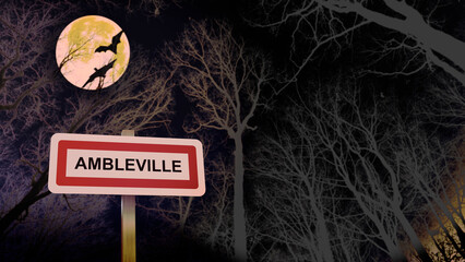 Thème Halloween panneau de la ville de Ambleville. Entrée dans la municipalité. Illustration...