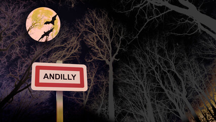Thème Halloween panneau de la ville de Andilly. Entrée dans la municipalité. Illustration avec...