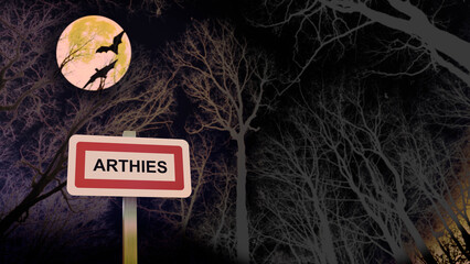 Thème Halloween panneau de la ville de Arthies. Entrée dans la municipalité. Illustration avec...