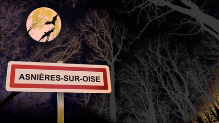 Thème Halloween panneau de la ville de Asnières-sur-Oise. Entrée dans la municipalité....