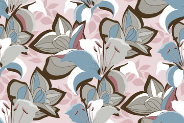 Vector floral seamless pattern with lilies on a pink pastel background.