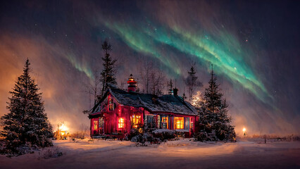 Cottage against the night sky with the Milky Way and the arctic Northern lights in snow winter. Merry Christmas mood. AI created a digital art illustration - obrazy, fototapety, plakaty